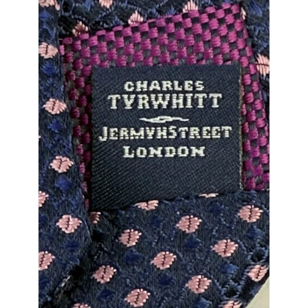 CHARLES TYRWHITT 100% Silk Necktie Designer Indigo Blue Pink Geometric Print EUC